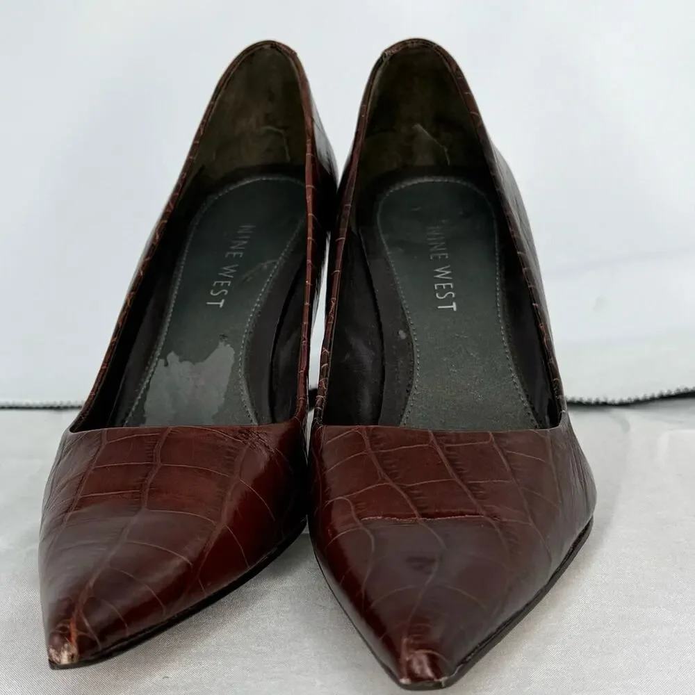 Nine West Brown Pointed Toe Pumps | Faux Croc | Size 5M